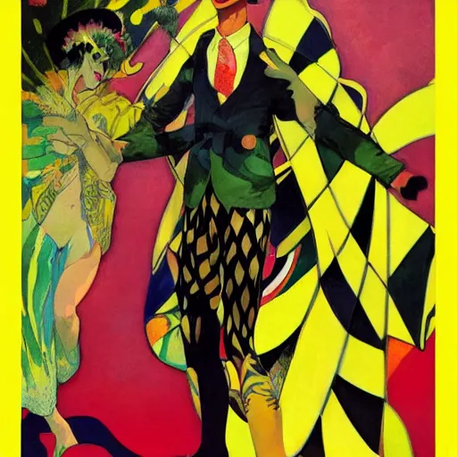 Image similar to art by joshua middleton, the yellow creeper, a tall manically smiling yellow - skinned man with green and black striped cycling shorts and wearing a long red feather boa, yellow makeup, mucha, kandinsky, poster, comic art, stylised design