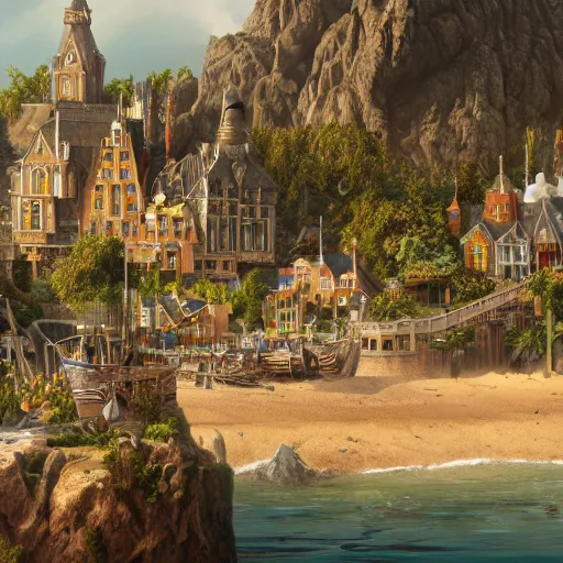 Image similar to a seaside magical village with witches and knights and a grand university of magic and science visible in the distance, inspired by victorian england and amsterdam, palm trees, highly detailed, intricate, digital painting, trending on artstation, concept art, matte painting, art by greg rutkwowski, craig mullins, octane render, 8 k, unreal engine