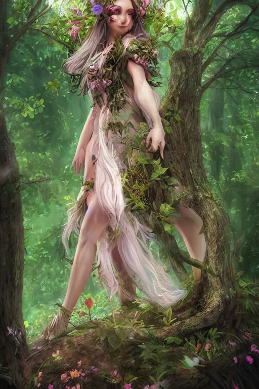 Image similar to a magical nymph druid in the forest wearing a magical flower dress, overlooking a forest from which emerges a huge tree, highly detailed dramatic lighting fantasy artstation artgerm concept art