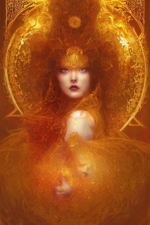 Prompt: tarot card artstation, portrait of a love dancer, sunrise, baroque ornamnet and rococo ornament, ancient chinese ornate, hyperdetailed, beautiful lighting, craig mullins, mucha, klimt, yoshitaka amano, red and gold and orange color palatte