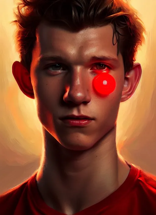 Image similar to portrait of tom holland with hazel eyes, hazel colored eyes, red shirt, intricate, elegant, glowing lights, highly detailed, digital painting, artstation, concept art, smooth, sharp focus, illustration, art by wlop, mars ravelo and greg rutkowski