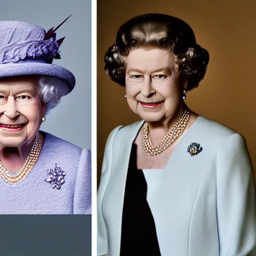 Image similar to A portrait photo of queen elizabeth teams up with a teenage queen elizabeth, perfect faces, 50 mm, award winning photography