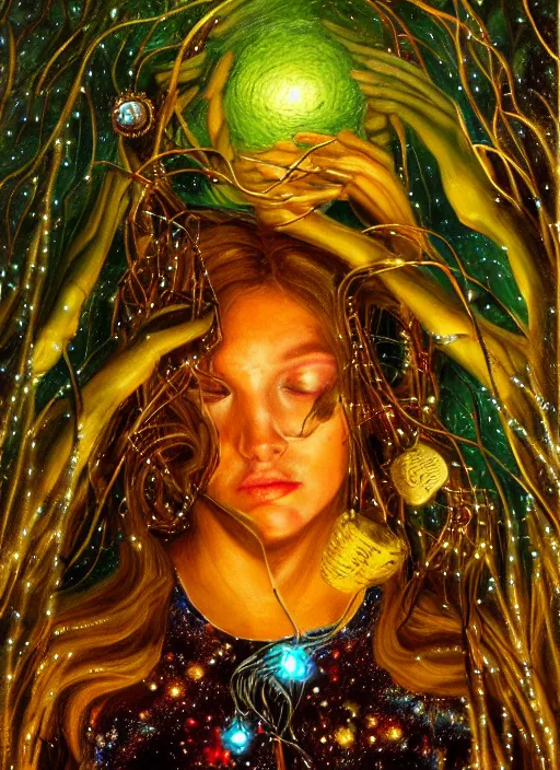 Image similar to oil painting of android woman immersed in the mystical tree, druid goddess, retro futurism, renaissance painting, baroque, steampunk, golden jewellery, shining crystals, cords and wires, vr googles, filigree, biomechanics, cinematic light, 8 k