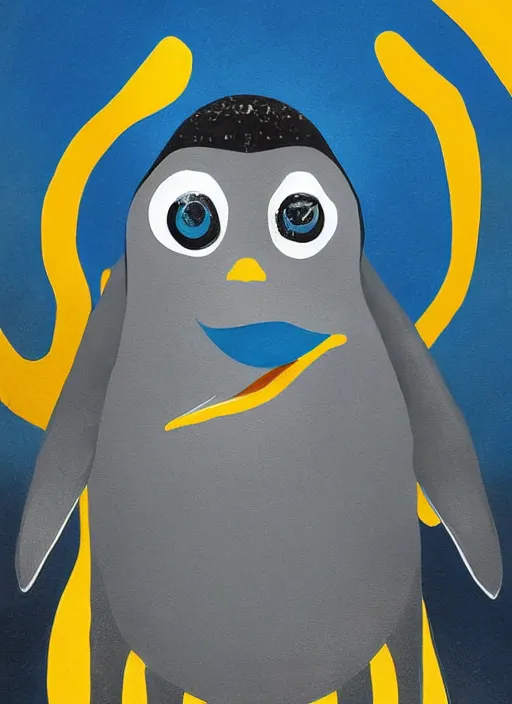 Prompt: a painting of a penguins face with blue and yellow smoke coming out of, a digital painting by petros afshar, behance contest winner, digital art, behance hd, digital illustration, digital painting