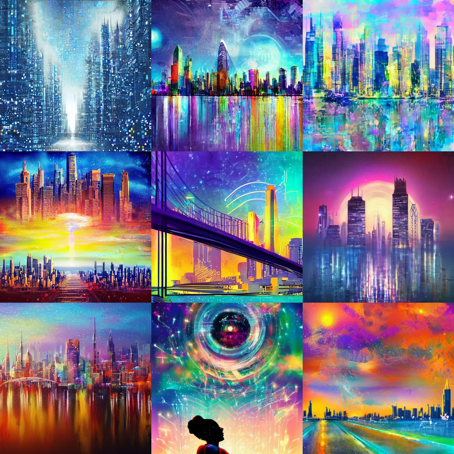 Prompt: art by ai artificial - intelligence [ limitless inspiration and awe ] + [ the transcendent experience of pure joy and happiness ] + [ city skyline ]