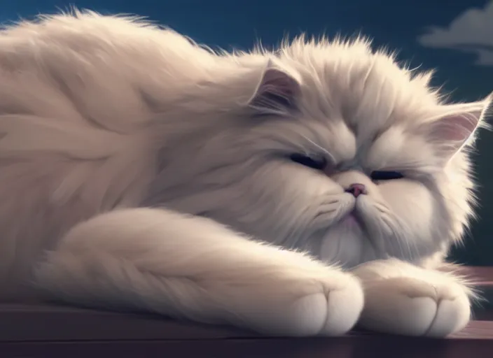 Image similar to a wholesome animation key shot of a persian cat sleeping, long fur, close up, studio ghibli, pixar and disney animation, sharp, rendered in unreal engine 5, clear sky, anime key art by greg rutkowski, bloom, dramatic lighting