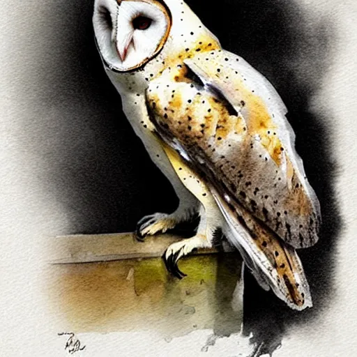 Image similar to a barn owl, digital art, watercolor, dripping paint, black and white, concept art, soft colors, style of anders zorn