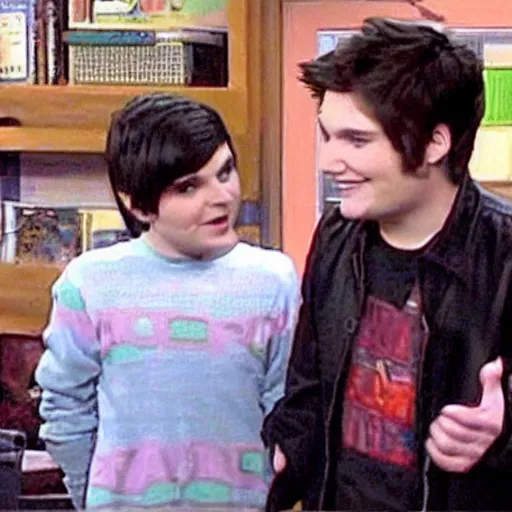Image similar to a screenshot of Gerard Way talking with Carly in ICarly (2007) , low quality, vhs quality,