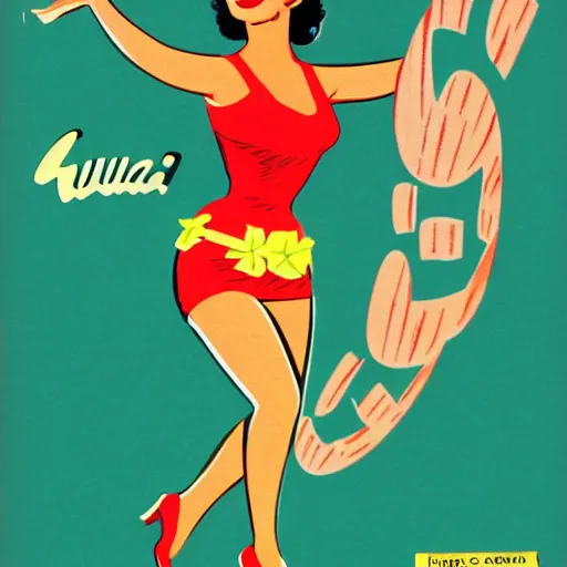 Prompt: hula girl. 1 9 5 0 s advertising illustration, flat color, halftone print.