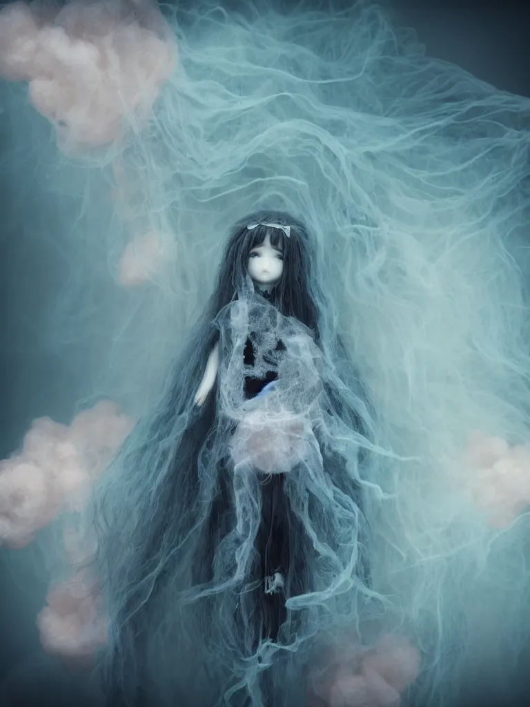 Image similar to cute fumo plush doll of an otherworldly translucent jellyfish goth maiden girl floating in the deep sea, mysterious tattered black tendrils and dress, glowing wraith girl, wisps of volumetric fog and smoke in vortices, vignette, bokeh, vray