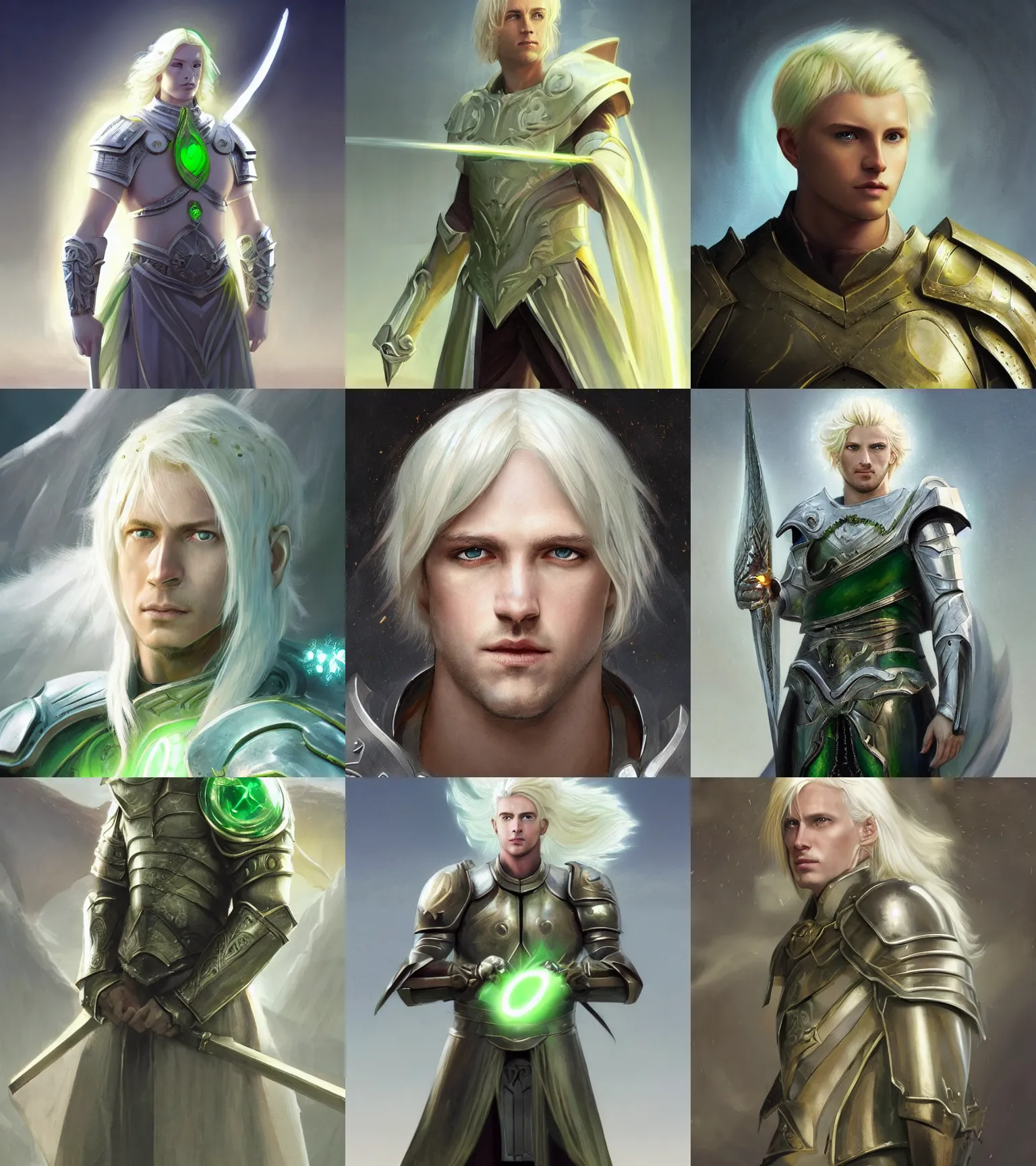 Prompt: Portrait of an Aasimar man wearing a paladin garb with light green eyes short platinum blonde hair a kind face a halo!!!!!!!!!!!!!!!!! of light and a distantly hopeful expression, cinematic lighting, detailed, beautiful, illustration by Greg Rutkowski, Andrei Riabovitchev Jean Giraud Tom Anders Zorn, Edward Hopper and Ilya Kushinov, Frederick Bacon, Tom Anders Zorn, John Collier, Vladimir Abat-Cherkasov