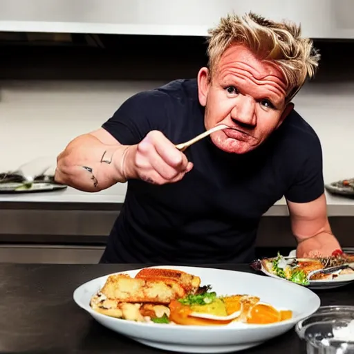 Image similar to gordon ramsay eating the food from the trash