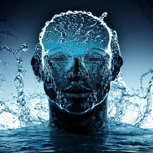 Prompt: water artwork manipulation in the shape of a human head, on the ocean water, futuristic style, hyper realistic, ray tracing, realistic water, sharp focus, long shot, 8 k resolution, cinematic, photoshop water art