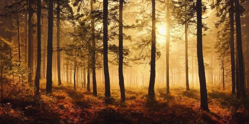 Prompt: swedish forest, photoreal, dawn, hazy, fog, golden hour, sunlight, beautiful!!!!!!!!!, cinematic, atmospheric