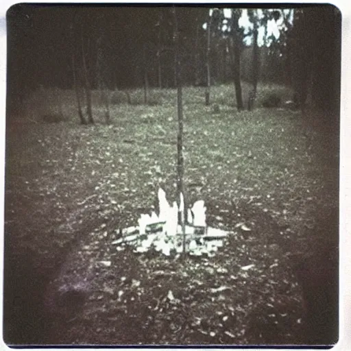 Image similar to occult sacrifice site in the Louisana swamp, detailed, dark, scary, real Polaroid photo