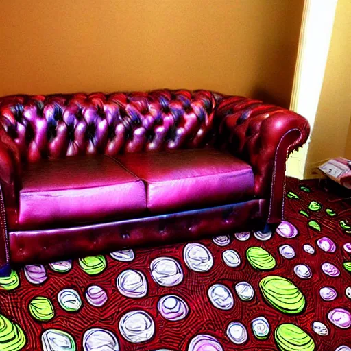 Image similar to couch sofa chesterfield flying through space psychedelic trippy eldritch horror cartoon