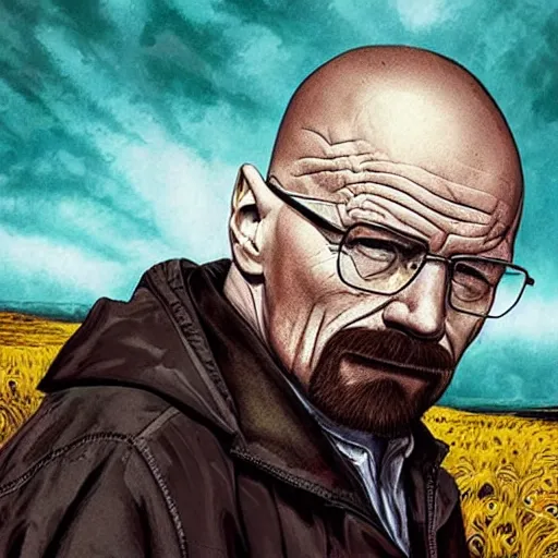 Prompt: walter white on a death metal album cover