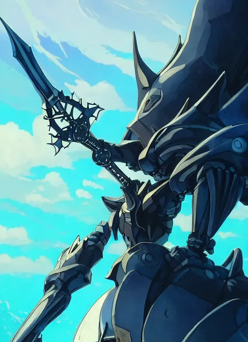 Image similar to close up of a extremely beautiful and aesthetic mech armor witch holding a symmetrical trident, highly detailed face, attractive symmetrical eyes, back shark fin, big wave horizon, dynamic model pose, slightly smiling, blue sky, big blade whale and black giants mech minotaurus, epic scene, fantasy illustrations, by makoto shinkai and peter mohrbacher and ferdinand knab