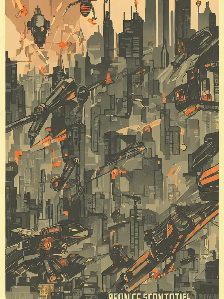 Image similar to tierra connor style poster illustration of a large retro science fiction robot battle above city neighbourhood, vintage muted colors, some grungy markings