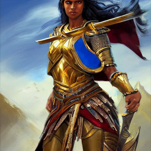 Image similar to highly detailed painting of a warrior goddess with maldivian, tan skin, blue eyes, golden armor with cape and brown hair high fantasy art by jon foster trending on arstation