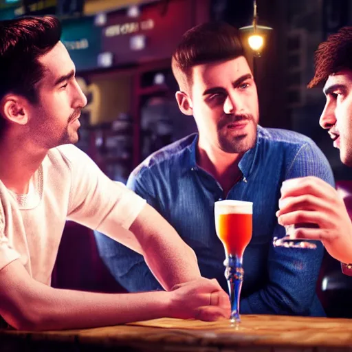 Image similar to cinematic scene with attractive male and another attractive male, drinking their hearts out, in the pub, high definition, very detailed, volumetric lighting, still frame