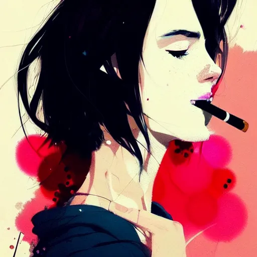 Prompt: a ultradetailed beautiful portait panting of a stylish woman with a cigarette in her mouth, by conrad roset, greg rutkowski and makoto shinkai, trending on artstation