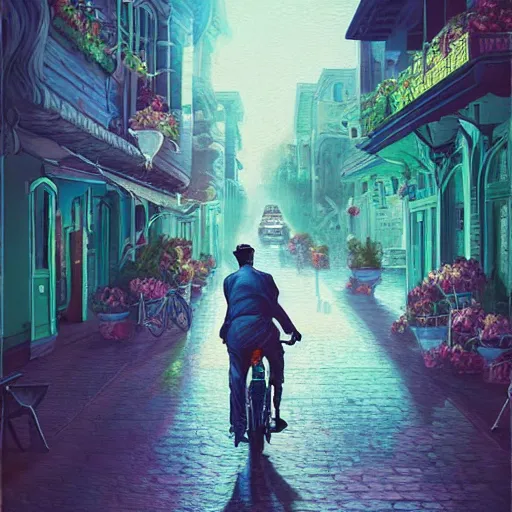 Prompt: a beautiful painting of a very detailed gangster riding a bike in a old town by dan mumford, beeple, trending on artstation, vapourwave