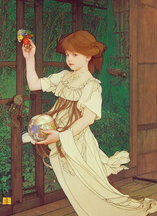 Prompt: young girl with long hair, wearing a dress, playing with her doll on the wooden floor in an old wooden house, path traced, highly detailed, high quality, digital painting, by studio ghibli and alphonse mucha, leesha hannigan, hidari, art nouveau, chiho aoshima, jules bastien - lepage