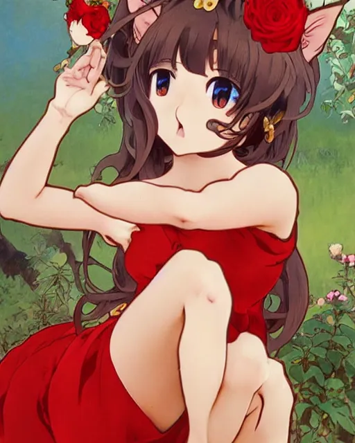 Image similar to A cute frontal fullbody painting of a beautiful anime skinny foxgirl with curly brown colored hair and fox ears on top of her head wearing a cute red dress with rose symbolic sitting on the stone looking at the viewer, elegant, delicate, soft lines, higly detailed, smooth , pixiv art, ArtStation, artgem, art by Gil Elvgren alphonse mucha and charles reid, high quality, digital illustration, concept art