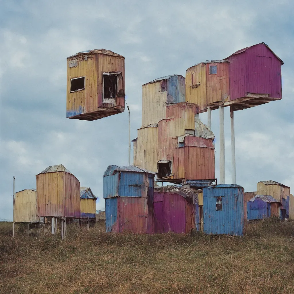 Image similar to two suspended towers made up of colourful makeshift squatter shacks with faded colours, plain uniform sky at the back, soft focus, mamiya rb 6 7, f 1. 8, photographed by uta barth