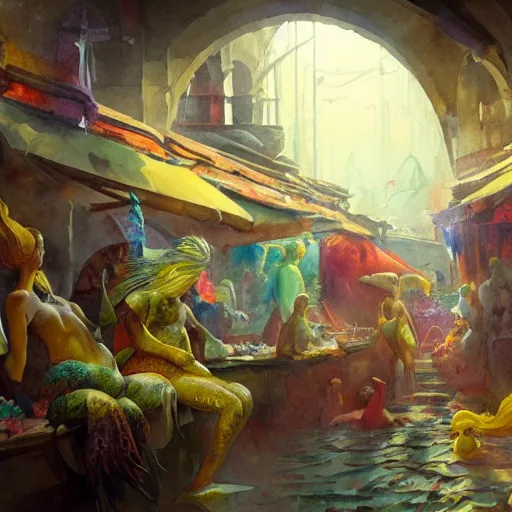 Prompt: a beautiful and vivid and colorful and chiaroscuro Grzegorz greg rutkowski watercolor painting of an ancient greek market with a yellow mermaid and fish and treasure and a bioluminescent coral garden underwater trending on artstation hq