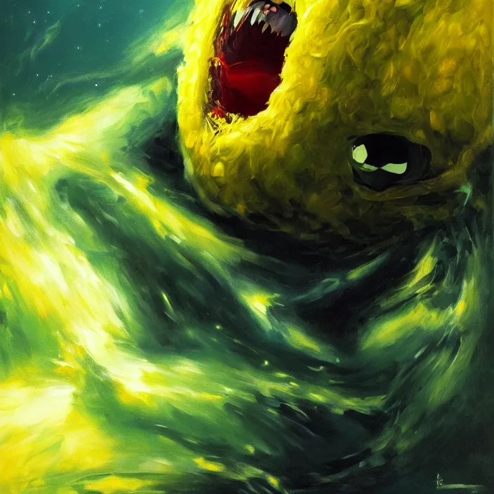 Image similar to cinematic portrait of a tennis ball monster in the abyss of space, oil on canvas, masterpiece, trending on artstation, featured on pixiv, cinematic composition, dramatic pose, beautiful lighting, sharp details, hyper-detailed, HD, HDR, 4K, 8K, art by Basil Gogos