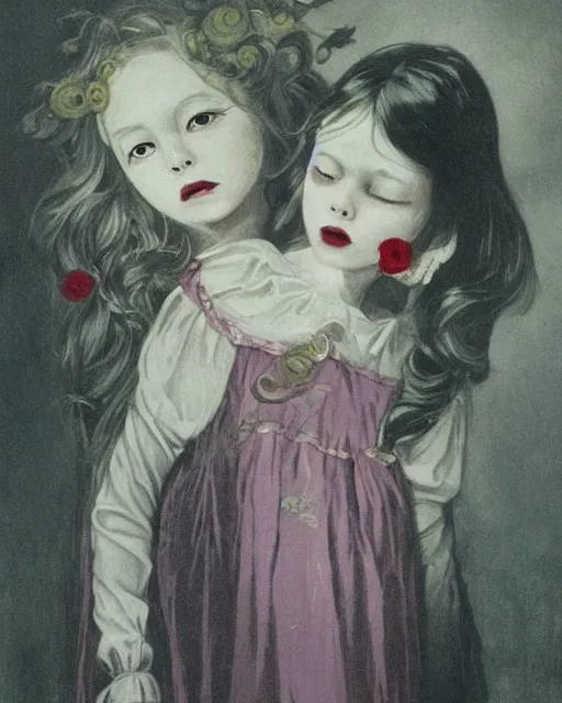 Prompt: a beautiful and eerie baroque painting of two beautiful but creepy siblings wearing kawaii dresses in layers of fear, with haunted eyes and dark hair, 1 9 7 0 s, seventies, wallpaper, a little blood, morning light showing injuries, delicate embellishments, painterly, offset printing technique, by brom, robert henri, walter popp