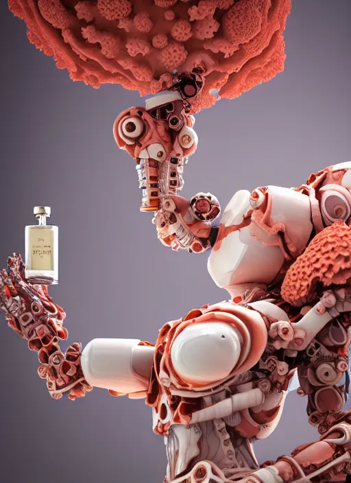 Image similar to biomechanical corals, daisies, well contoured smooth fair walls with marble statue carrying a bottle of perfume, up close shot, sharp focus, global illumination, radiant light, alexandre ferra white mecha, irakli nadar, octane highly render, 4 k, ultra hd,