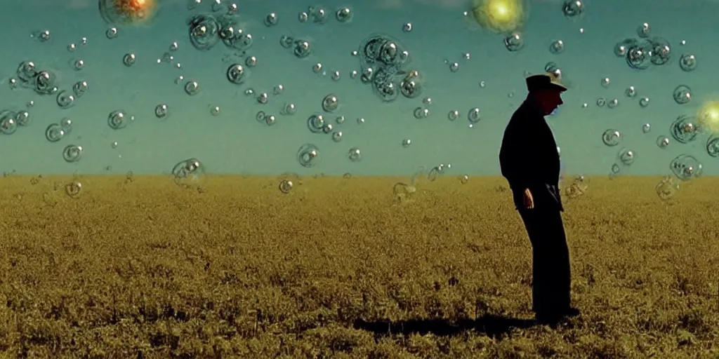 Image similar to an old man in a field looking at multiverse bubbles in the sky, scene from a stanley kubrick movie, in c