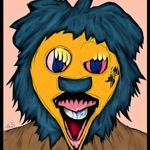 Image similar to scary anime Portrait of horrific Youppi the Habs Montreal Canadiens Mascot as a very dead powerful and violent pokemon, Youppi devouring Boston Bruins Bear Logo, lots of Bruins Bear Blood, highly detailed anime, high evolution, 1990s, haunted shiny legendary, darkness, smooth, sharp focus, dynamic lighting, intricate, trending on ArtStation, stuff of nightmares, illustration pokemon, art by WLOP