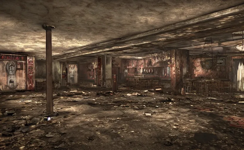 Prompt: horror photography of the rundown ruins of a 5 0 s bar in a tacky casino in fallout new vegas by lori nix, hdr, unreal engine