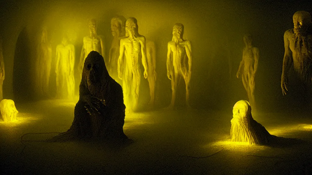 Image similar to the creature in the basement, made of glowing wax and oil, surrounded by friends, film still from the movie directed by denis villeneuve and david cronenberg with art direction by salvador dali and zdzisław beksinski, wide lens