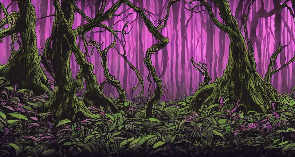 Image similar to A dense and dark enchanted forest with a swamp, from Evangelion