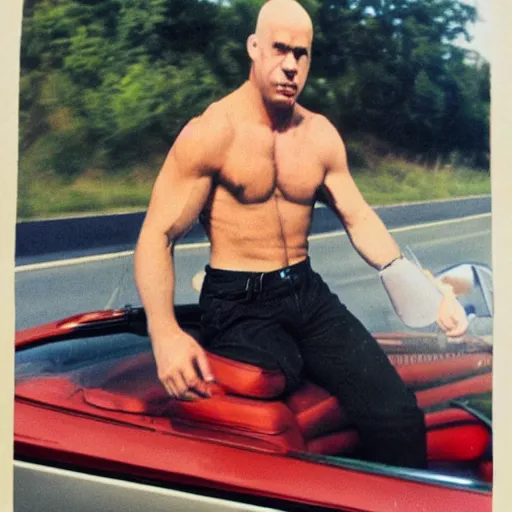 Image similar to coloured photograph of a muscled young white bald guy with broad shoulders, black shirt and a large chest driving a racing red mustang down a british road, high detail