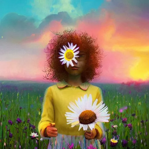 Prompt: daisy flower for a face, portrait of girl in flower field, holding daisy, surreal photography, sunrise, impressionist painting, colorful clouds, digital painting, artstation, simon stalenhag, flower face