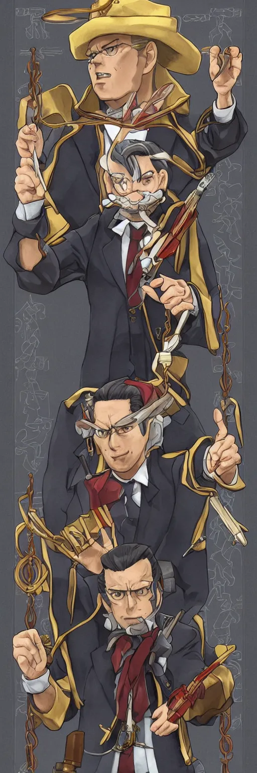 Image similar to the judge from Ace Attorney with a beam scale in one hand. Tarot card Justice, impressive art, detailed, single subject, high quality