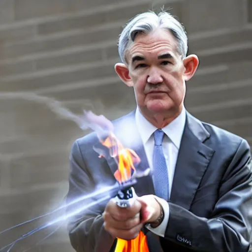 Prompt: photo of Jerome Powell using a flamethrower projecting a long flame