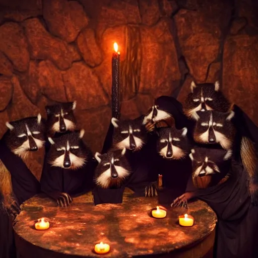 Image similar to dslr photo, a group of raccoons wearing dark cult robes perform a dark occult evil ceremony inside the secret lair of an underground mystery cult, dramatic candlelight, pentagrams, ultra - detailed, photorealistic, 4 k