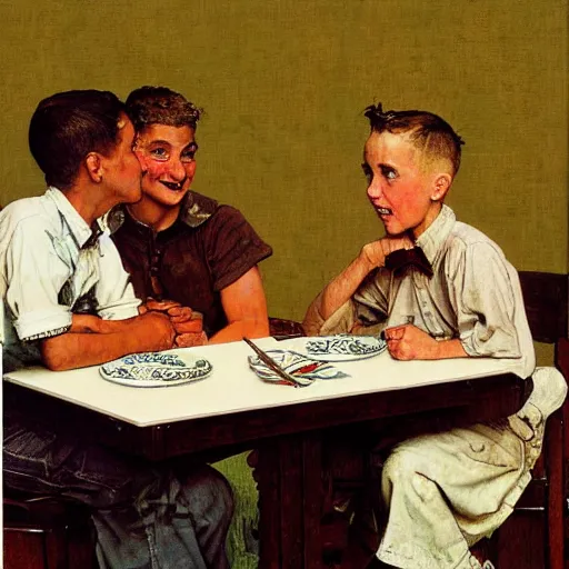 Prompt: Three students talking at a table artwork by Norman Rockwell