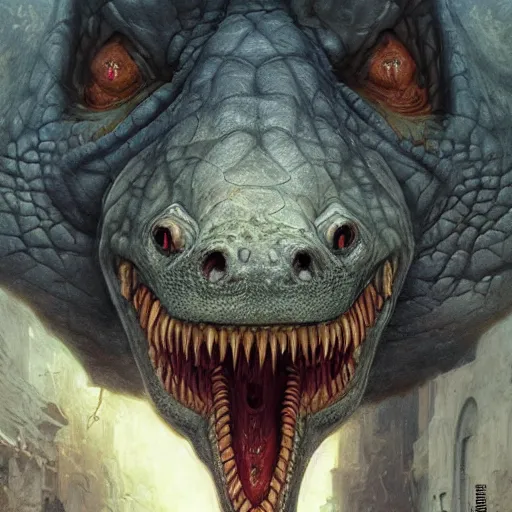 Image similar to vladimir putin, anthropomorphic bald prehistoric reptile, putin, toothless, horror, macabre by donato giancola and greg rutkowski and wayne barlow and zdzisław beksinski, realistic face, digital art