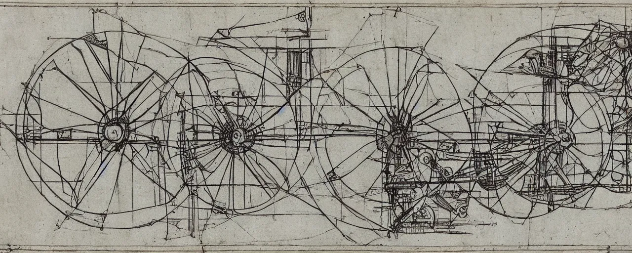 Image similar to a leonardo davinci sketch of an infinite creativity machine, in the style of an engineering drawing