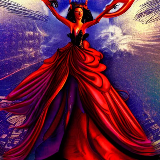 Image similar to urban fantasy character portrait of the goddess of trysts, ownership, hospitality and epiphanies, a vision in a scarlet ballgown, with raven tresses artfully atop her head, intoxicating, slight, asymmetrical face, inescapable presence, every line of perspective, every gaze, every beam of light curves towards Her, adulation