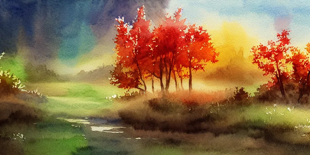 Image similar to nature landscape, watercolor, ultra realistic, highly detailed, hd, sharp focus, cinematic lighting, warm colors, realistic, photorealistic, vivid colors, painting, digital art, non blurry, sharp, artstation, smooth, illustration