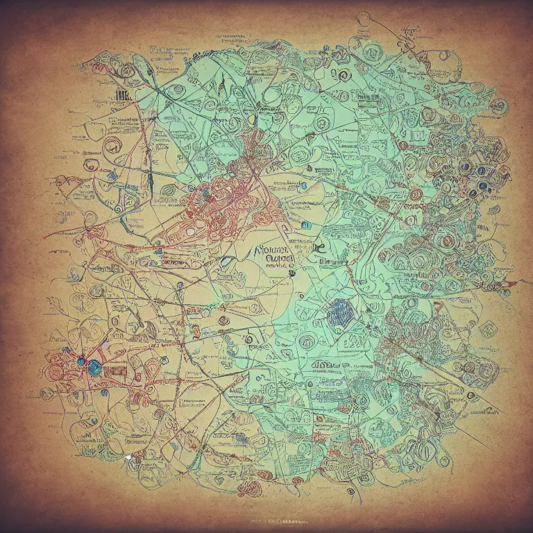 Image similar to imaginary map of different realms, map of fantacy world, different realms, mobile game art, blueprint, infographic, vintage theme, on paper, realms with different colors, with notes, highly detailed, hyper realistic